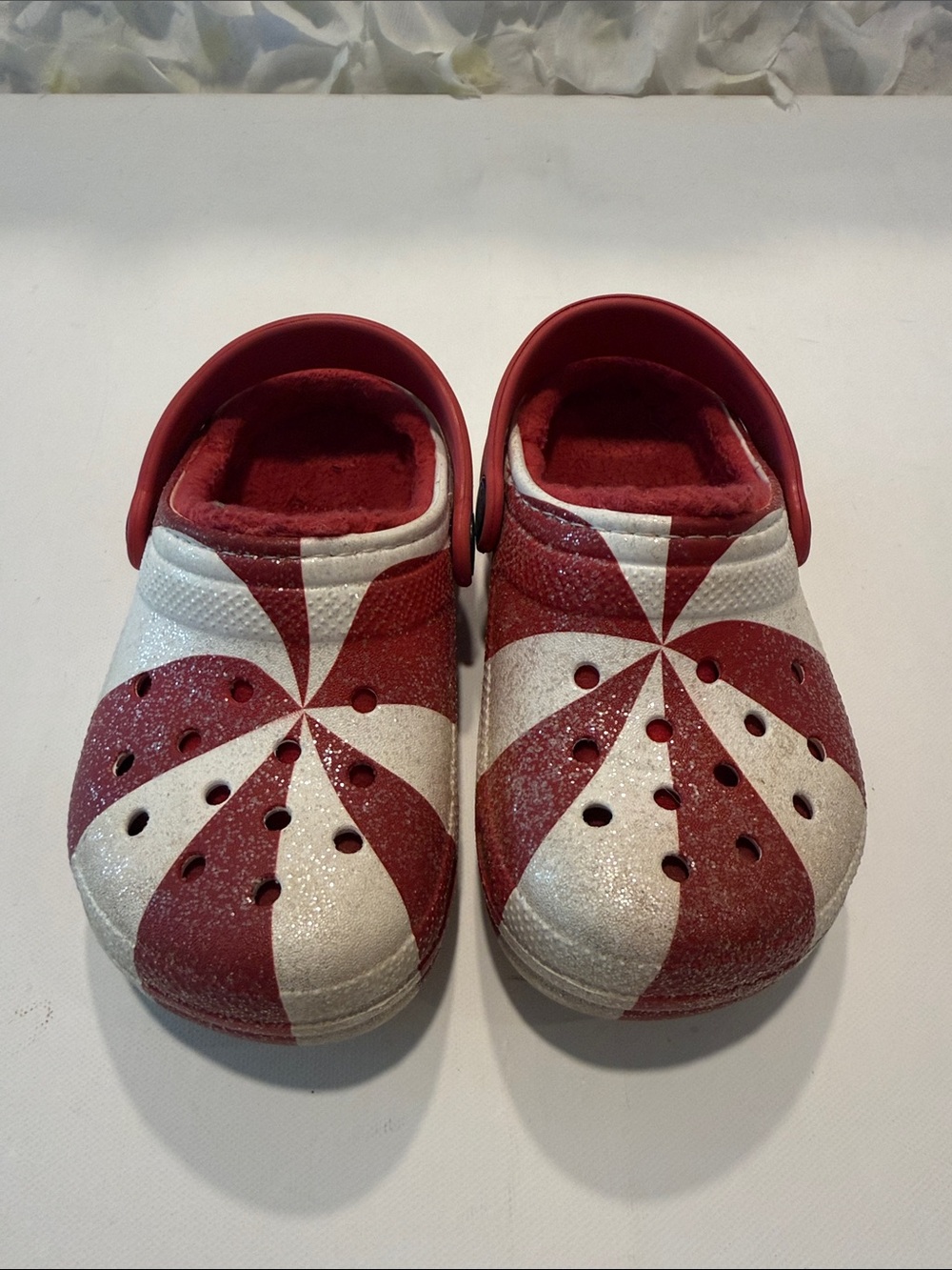 CROCS Kids Red and White Swirl Clogs